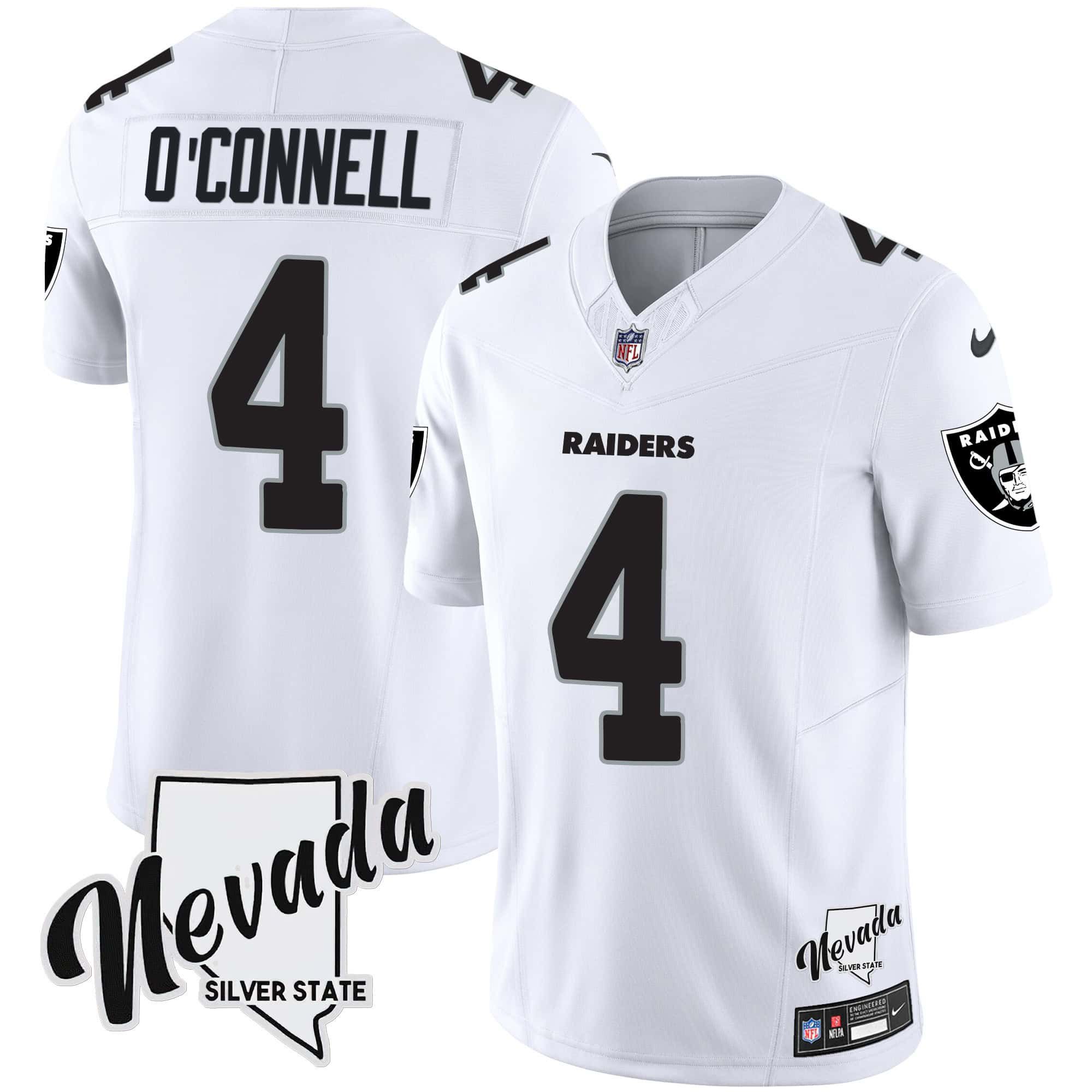Men Oakland Raiders 4 OConnell White 2024 Nike Nevada Silver State Patch Vapor NFL Jersey
